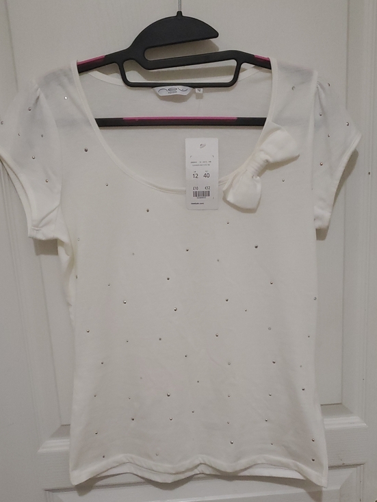 New Look Tops - New Look White Short Sleeve Scoop Neck Top with Bow and Studs UK SIZE 12